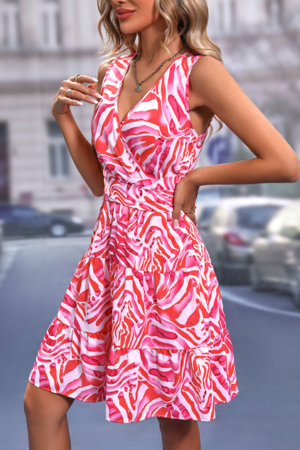 V Neck Printed Tie Design Casual Dress