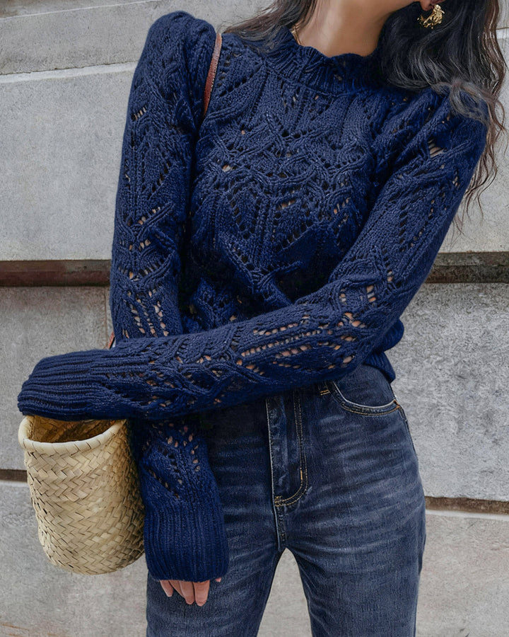 Blue Round Neck Cut Out Sweater