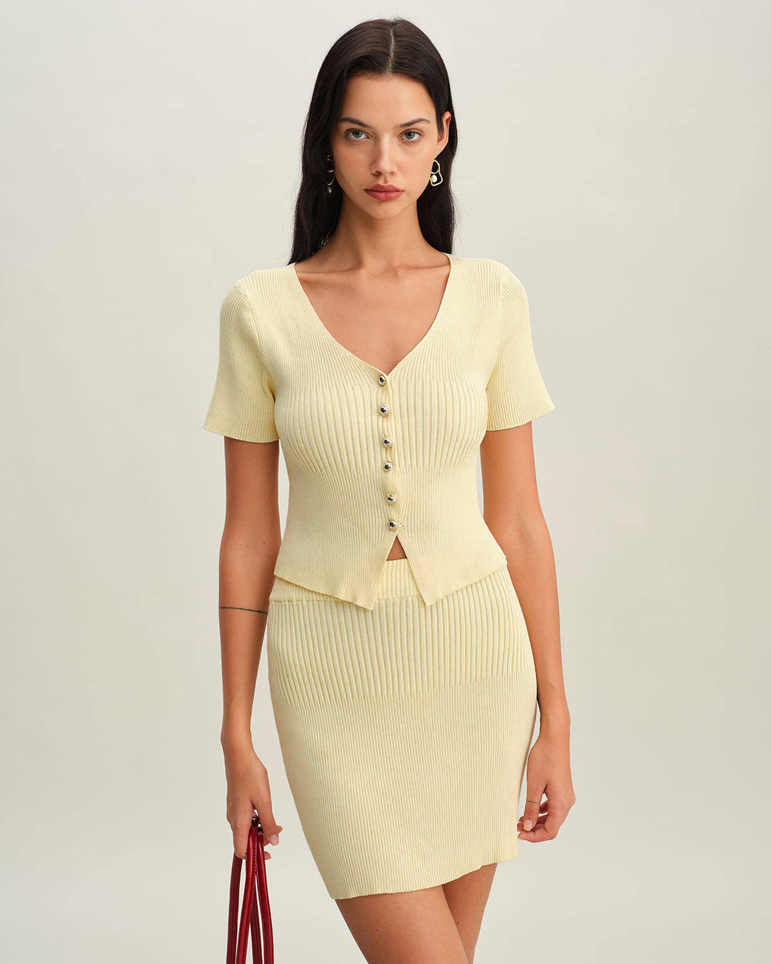 Beige Elastic Waist Knit Mini Skirt