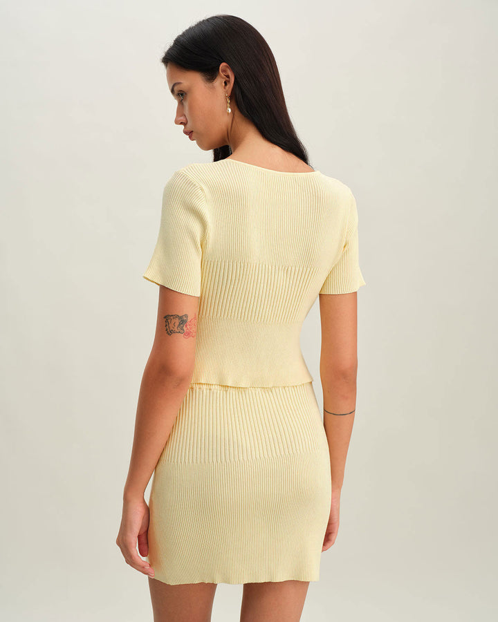 Beige Elastic Waist Knit Mini Skirt