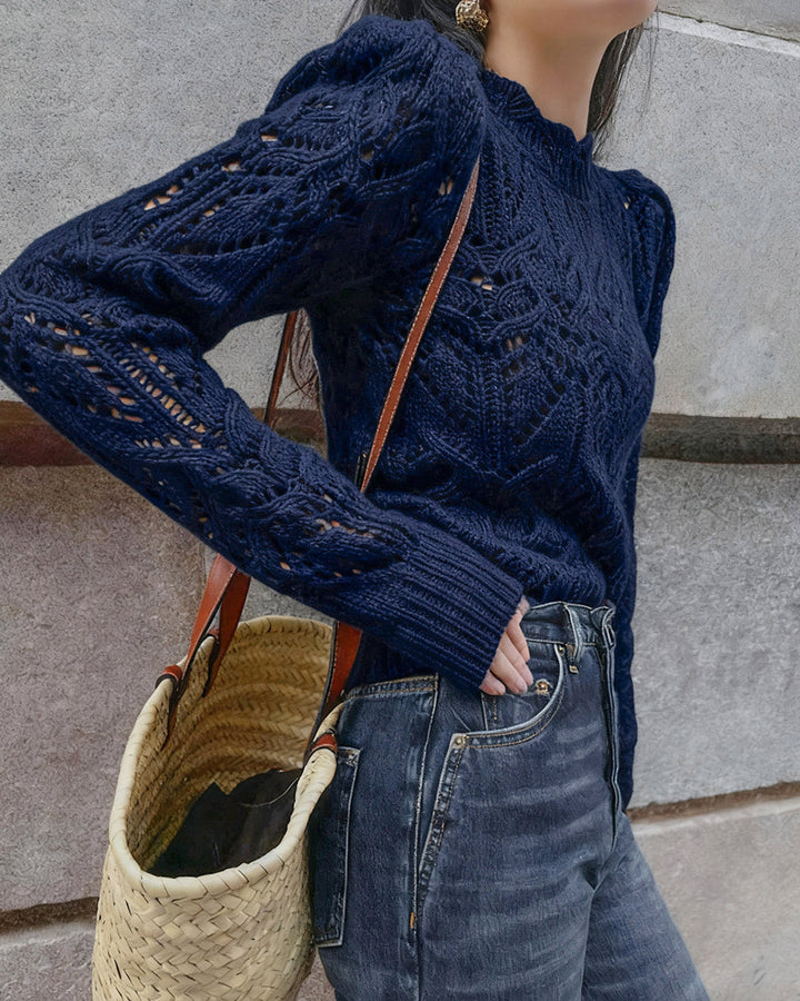 Blue Round Neck Cut Out Sweater
