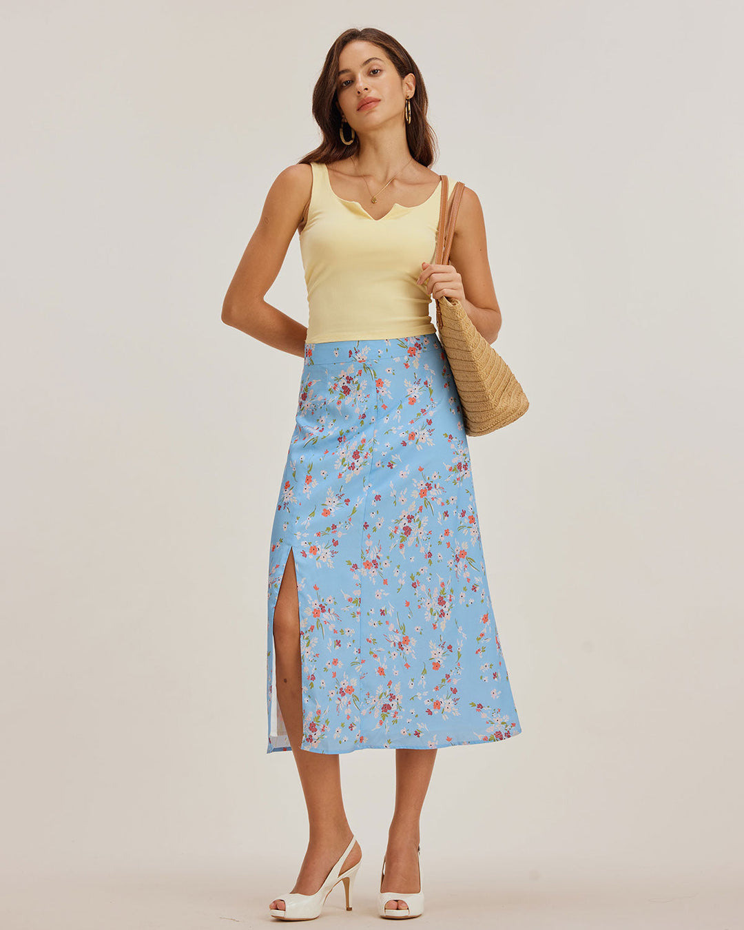 Blue Floral Slit A-Line Midi Skirt