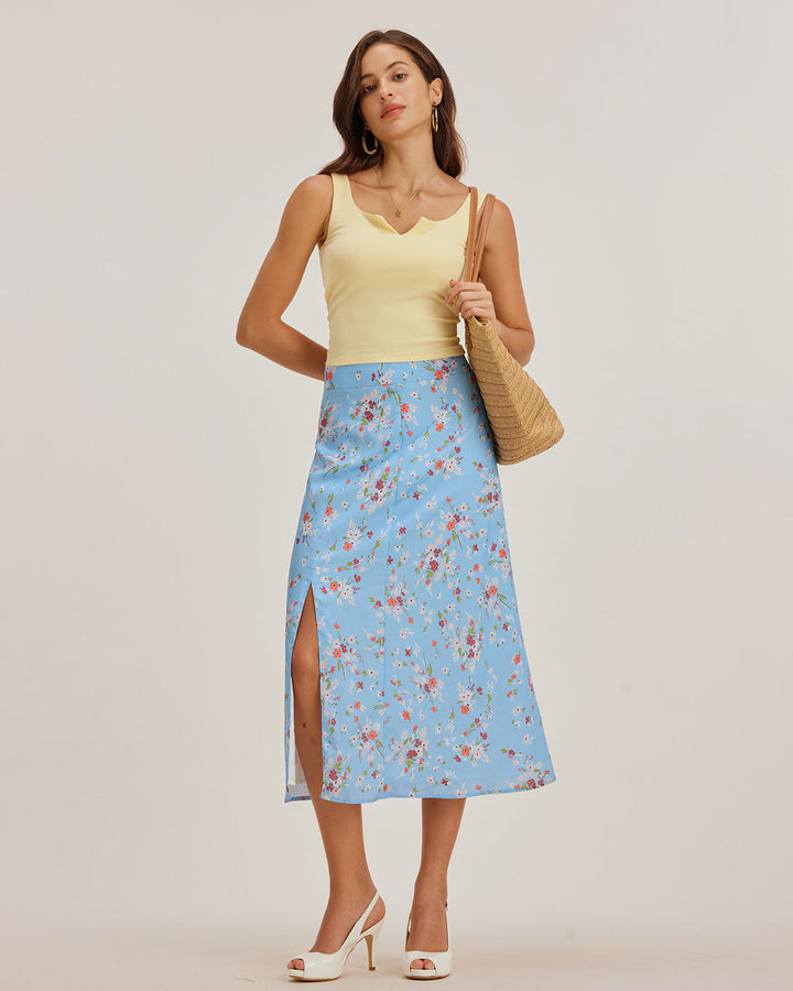 Blue Floral Slit A-Line Midi Skirt