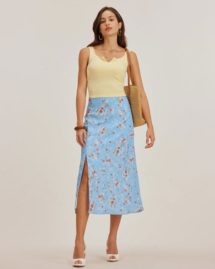 Blue Floral Slit A-Line Midi Skirt