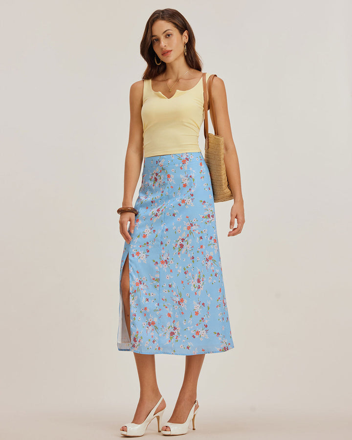 Blue Floral Slit A-Line Midi Skirt