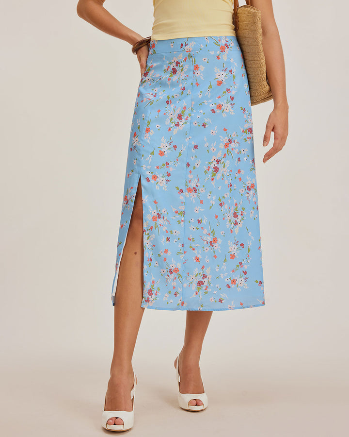 Blue Floral Slit A-Line Midi Skirt