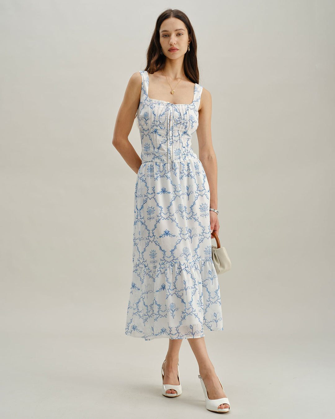 White Floral Tiered Midi Skirt