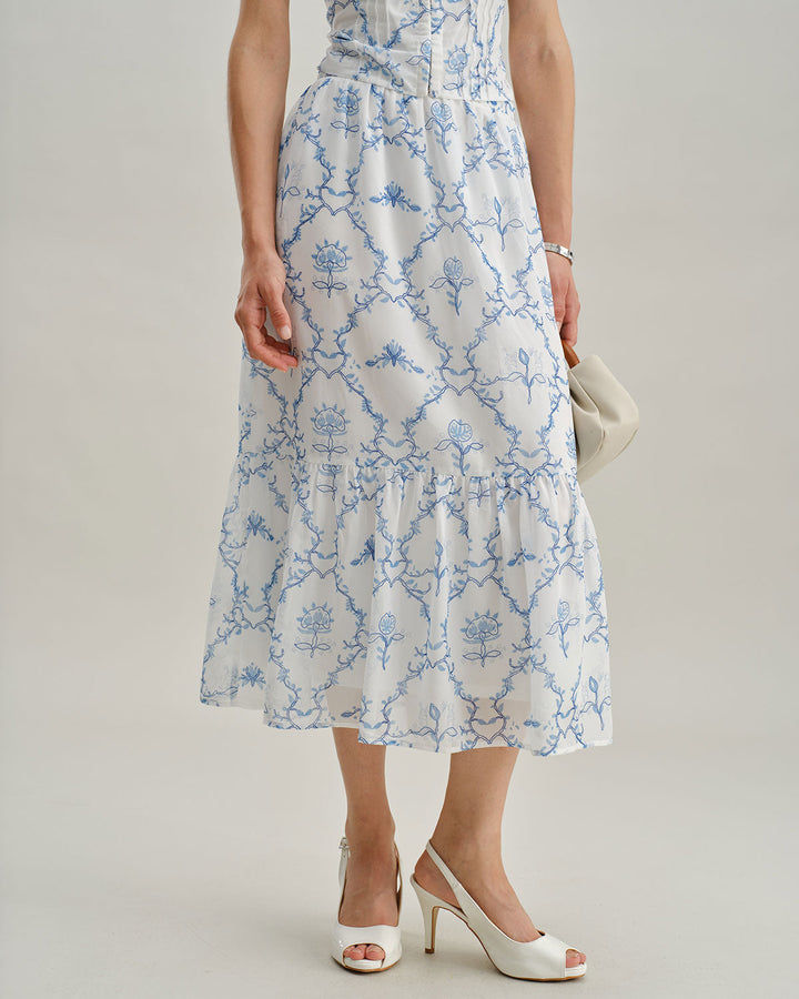 White Floral Tiered Midi Skirt