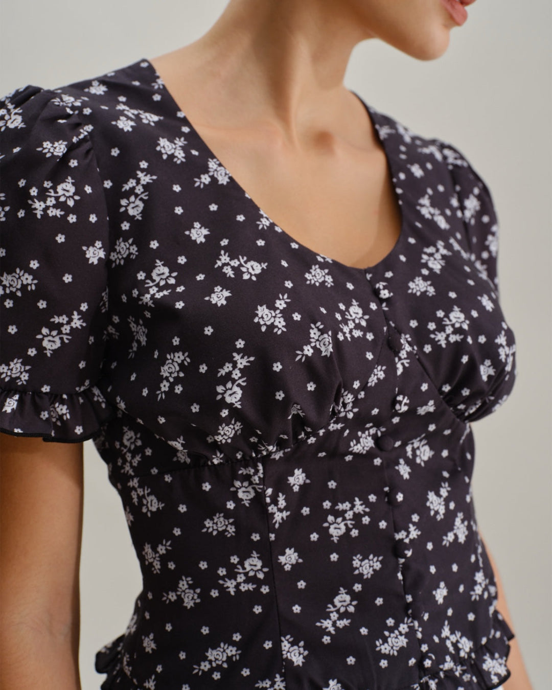 Black Floral Scoop Neck Blouse