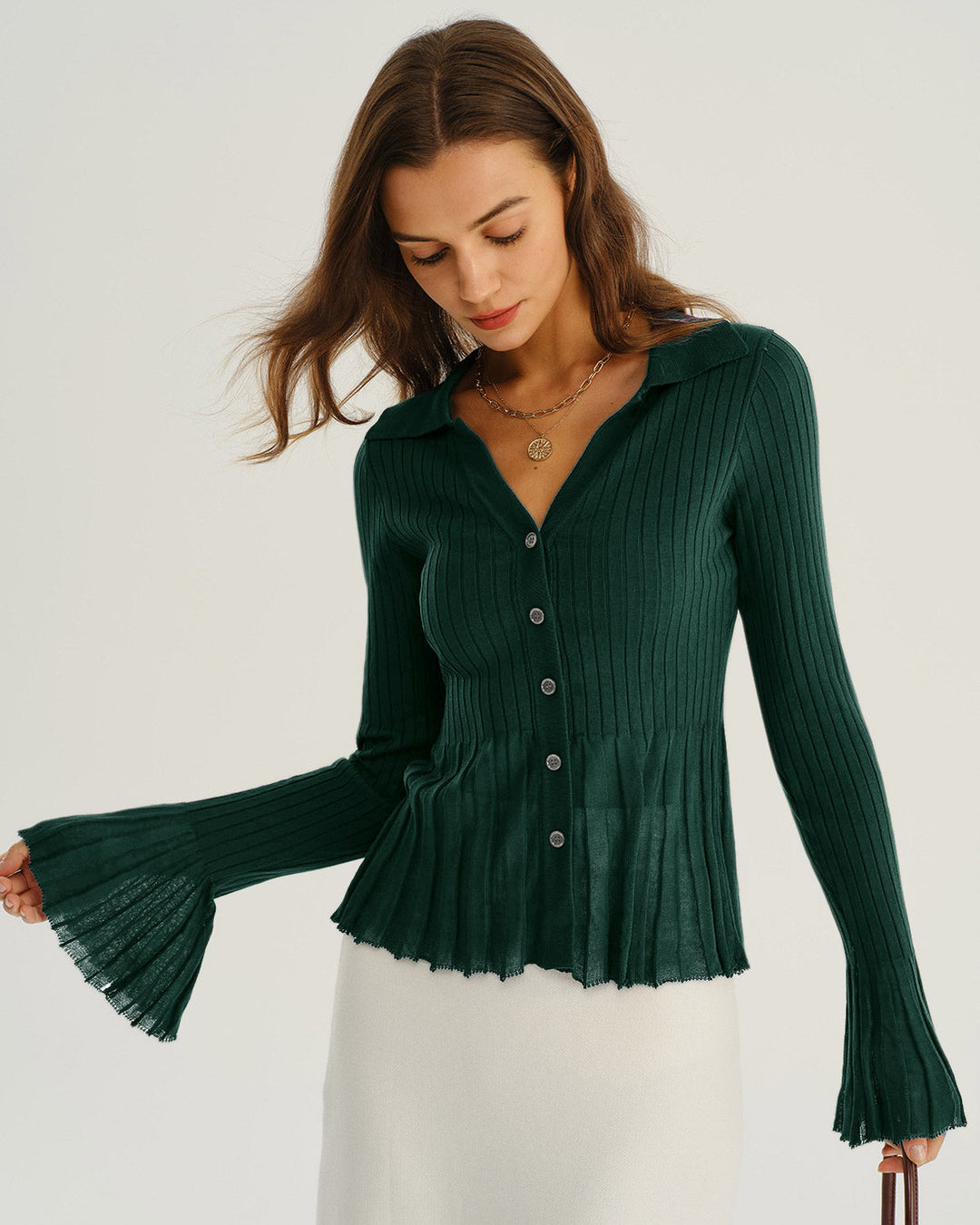 Green V-Neck Bell Sleeve Knit Cardigan