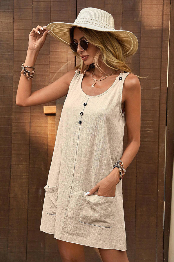 Fashion Button Solid Color Casual Mini Dress