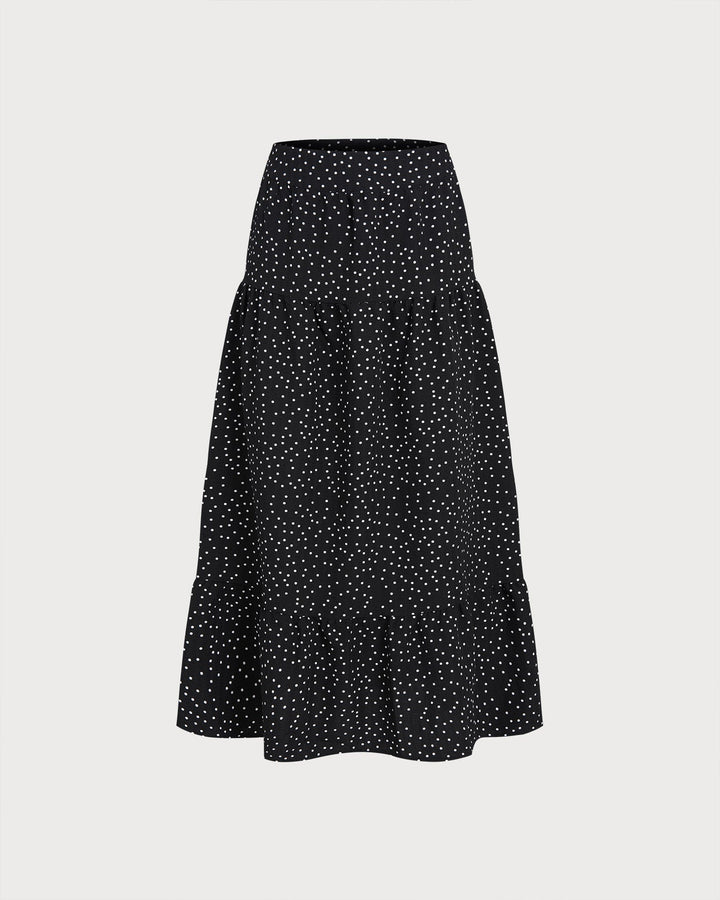 Black Polka Dot Ruched Midi Skirt