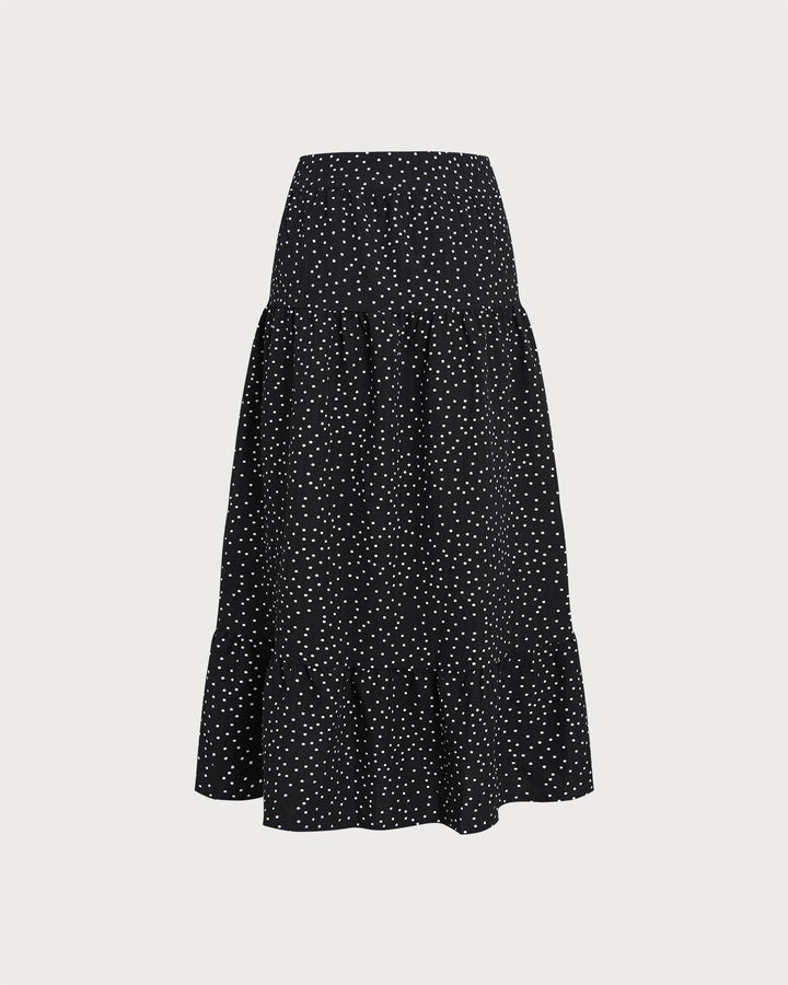 Black Polka Dot Ruched Midi Skirt