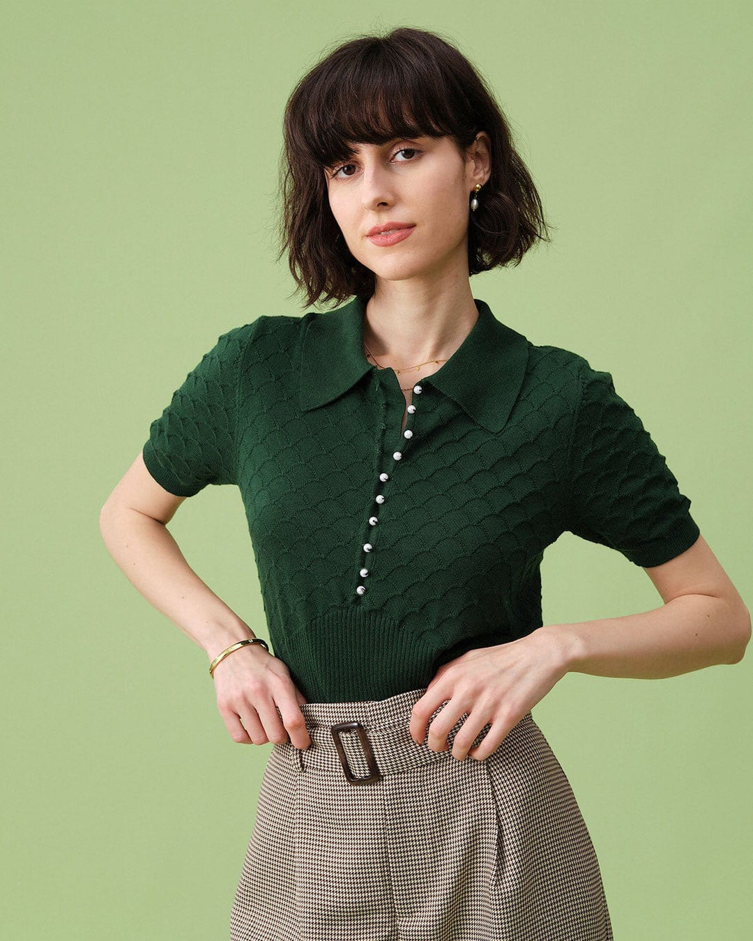 The Green Short Sleeve Textured Lapel Knit Tee