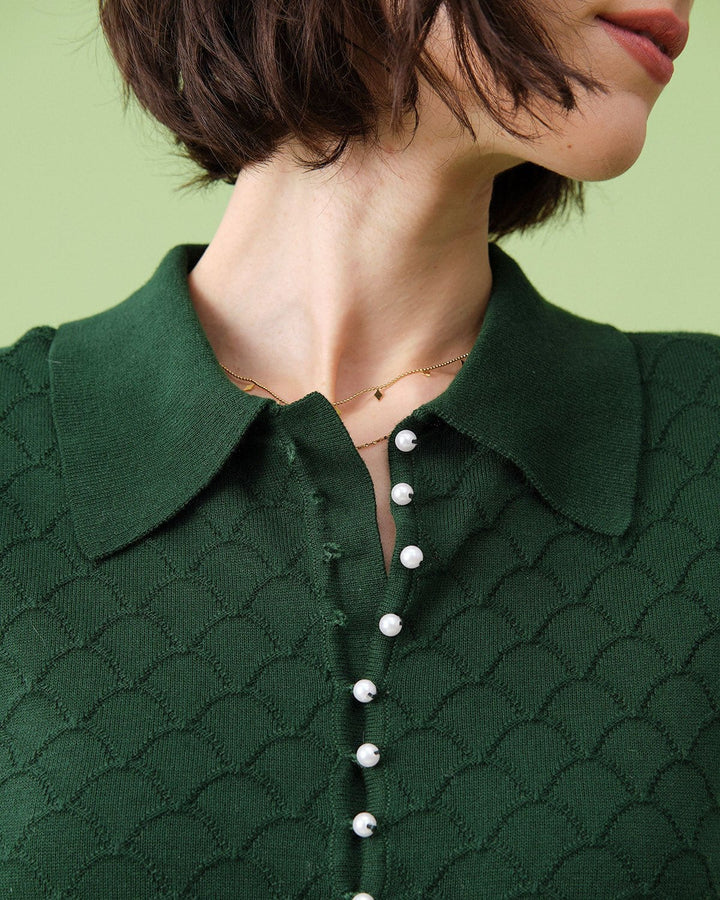 The Green Short Sleeve Textured Lapel Knit Tee