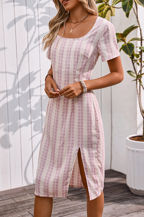 Stripe Printed Square Neck Split Side Casual Dress