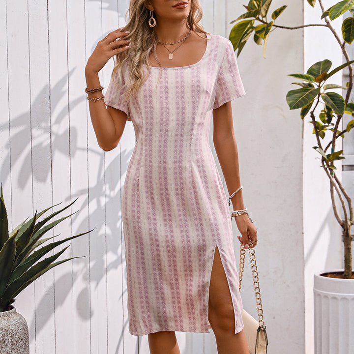 Stripe Printed Square Neck Split Side Casual Dress