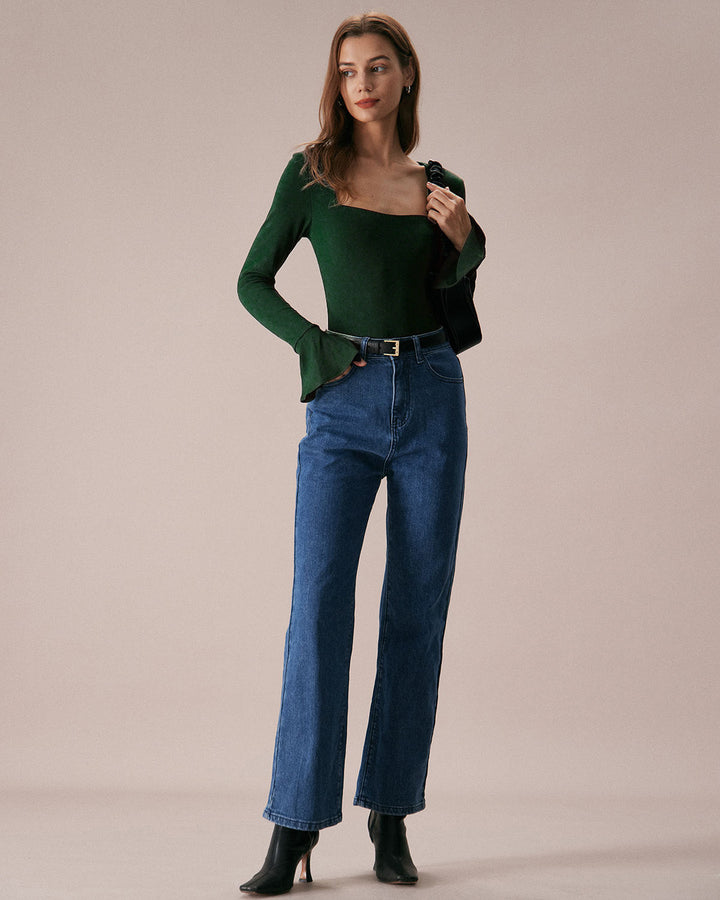 Green Ribbed Knit Bell Sleeve Tee