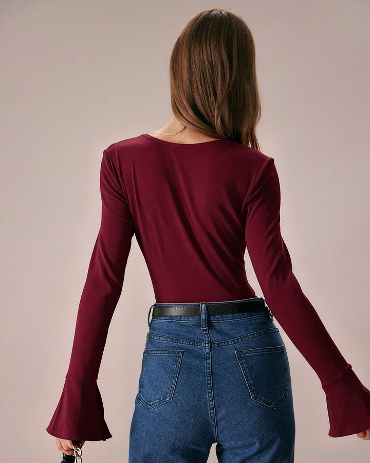 Wine Red Bell Sleeve Knit Tee