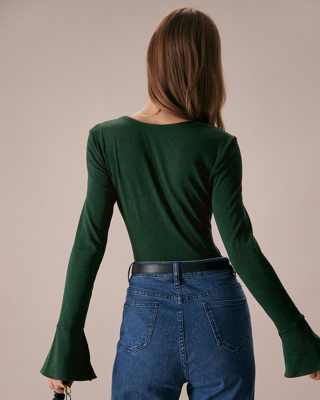 Green Ribbed Knit Bell Sleeve Tee