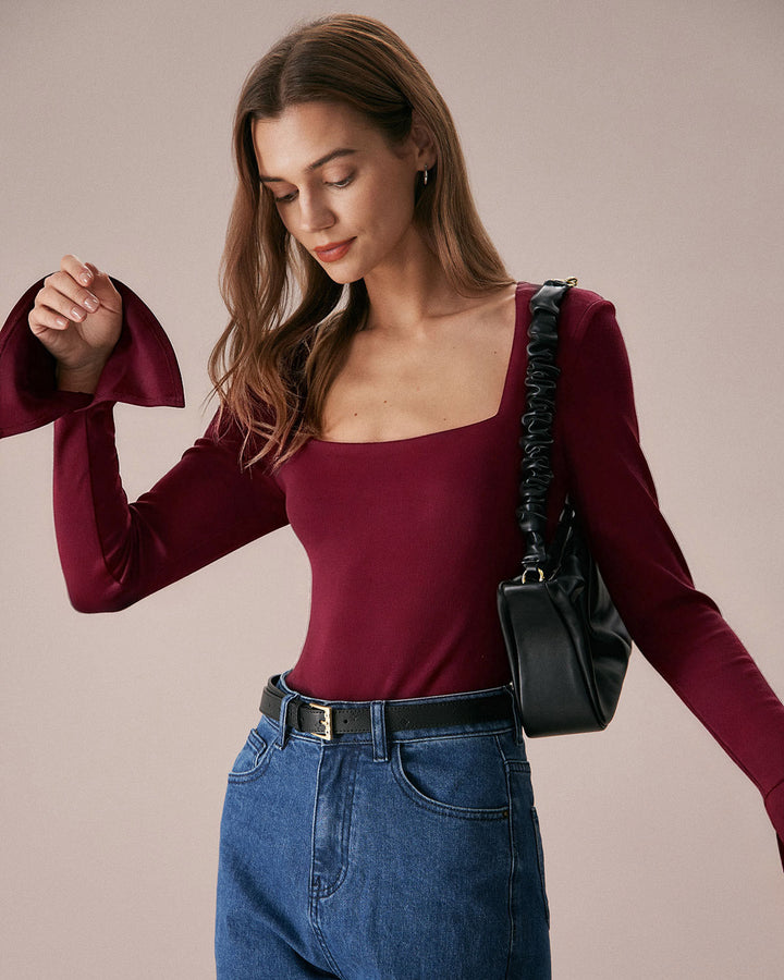 Wine Red Bell Sleeve Knit Tee