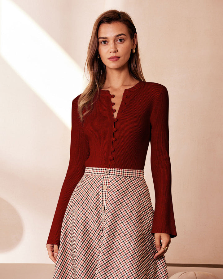 Red Bell Sleeve Ribbed Knit Tee