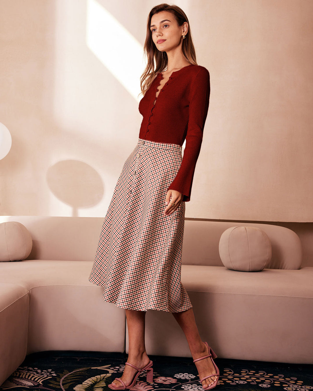 Red Bell Sleeve Ribbed Knit Tee