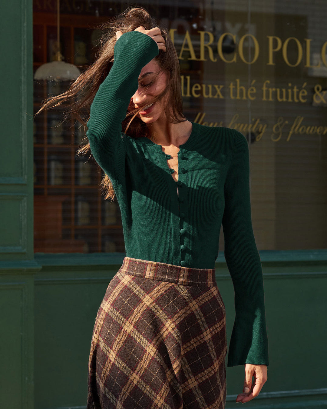 Green Bell Sleeve Button Sweater