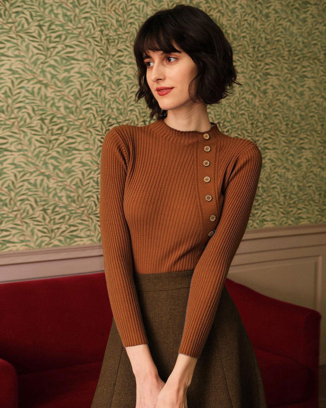 Caramel Mock Neck Ribbed Knit Tee