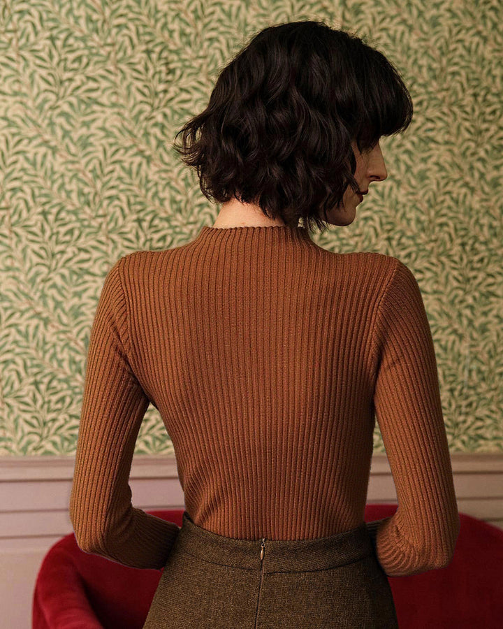 Caramel Mock Neck Ribbed Knit Tee