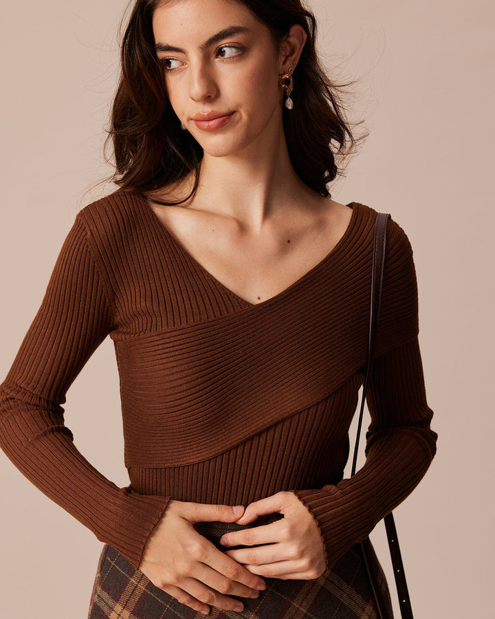Coffee Ribbed Knit Slim Tee