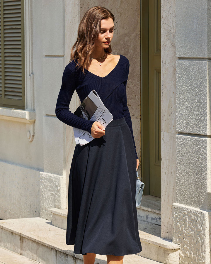 Navy V Neck Ribbed Knit Tee