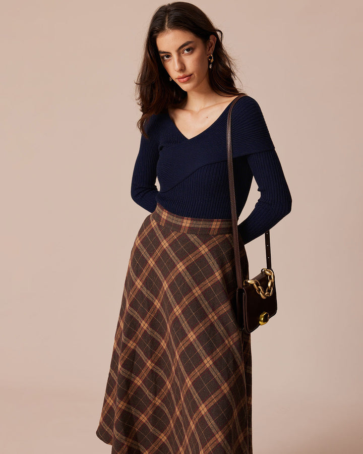 Navy V Neck Ribbed Knit Tee