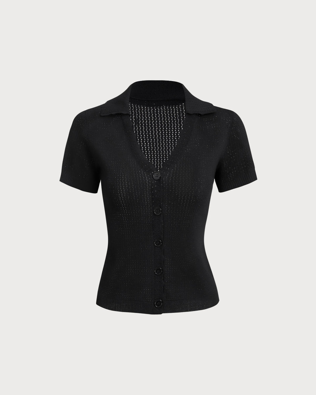 Black V Neck Button Pointelle Knit Tee