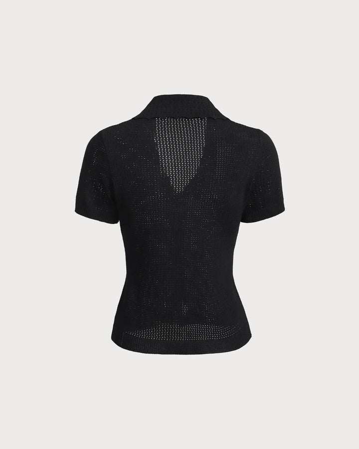 Black V Neck Button Pointelle Knit Tee
