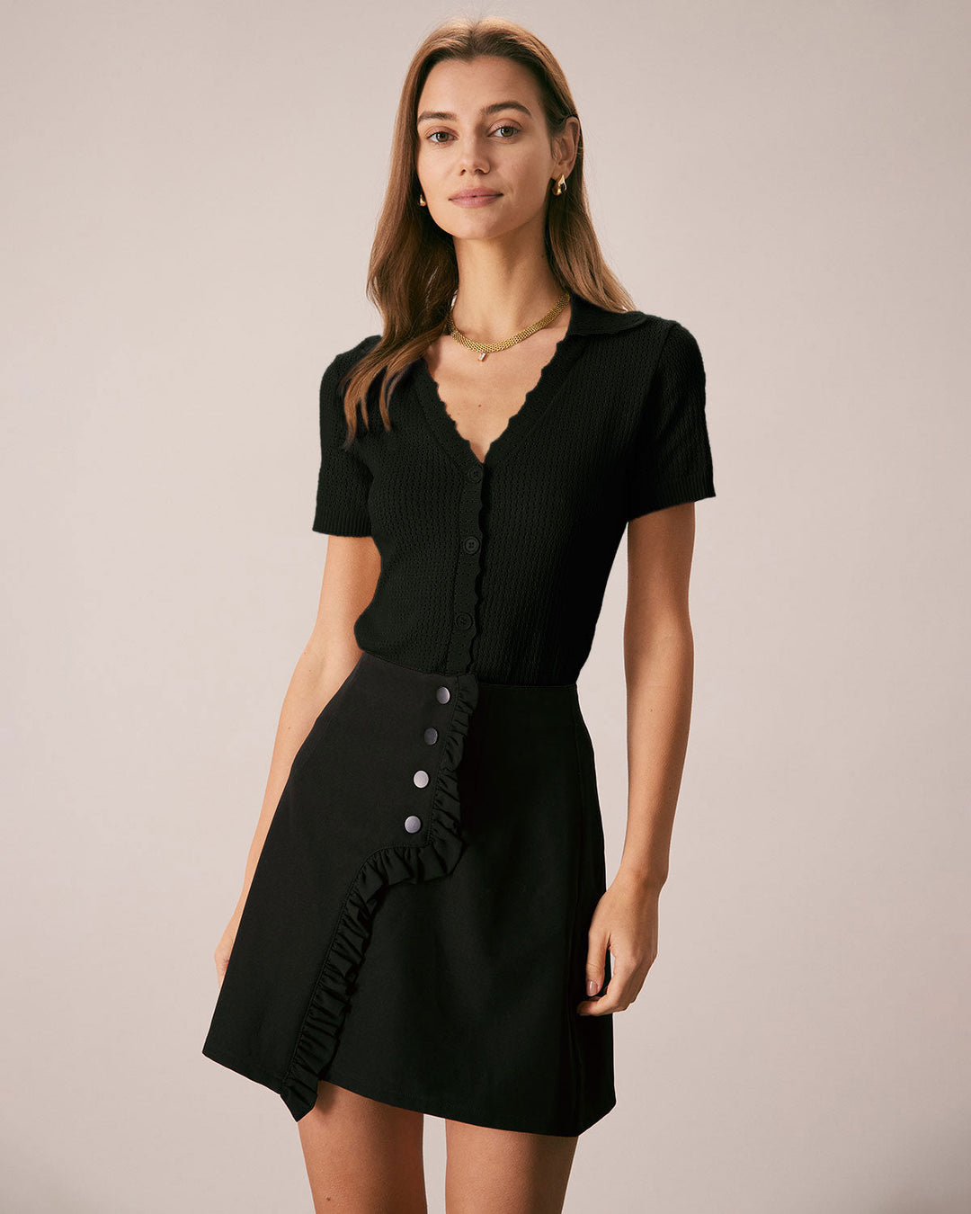 Black V Neck Button Pointelle Knit Tee