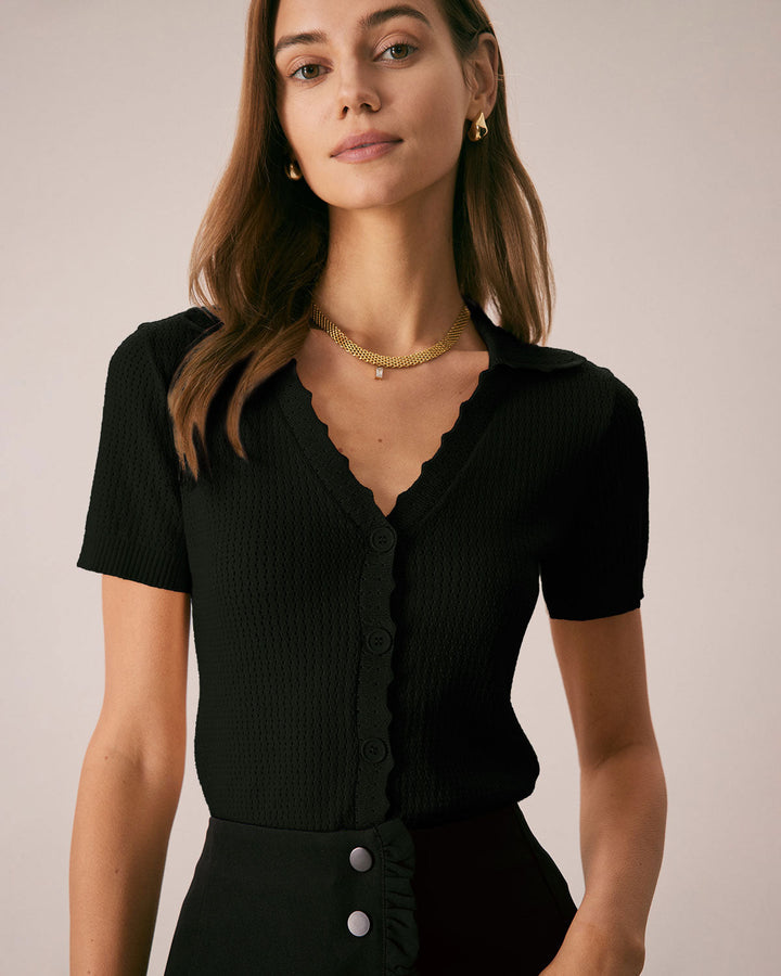Black V Neck Button Pointelle Knit Tee