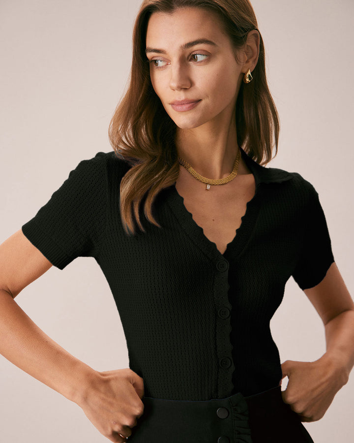 Black V Neck Button Pointelle Knit Tee