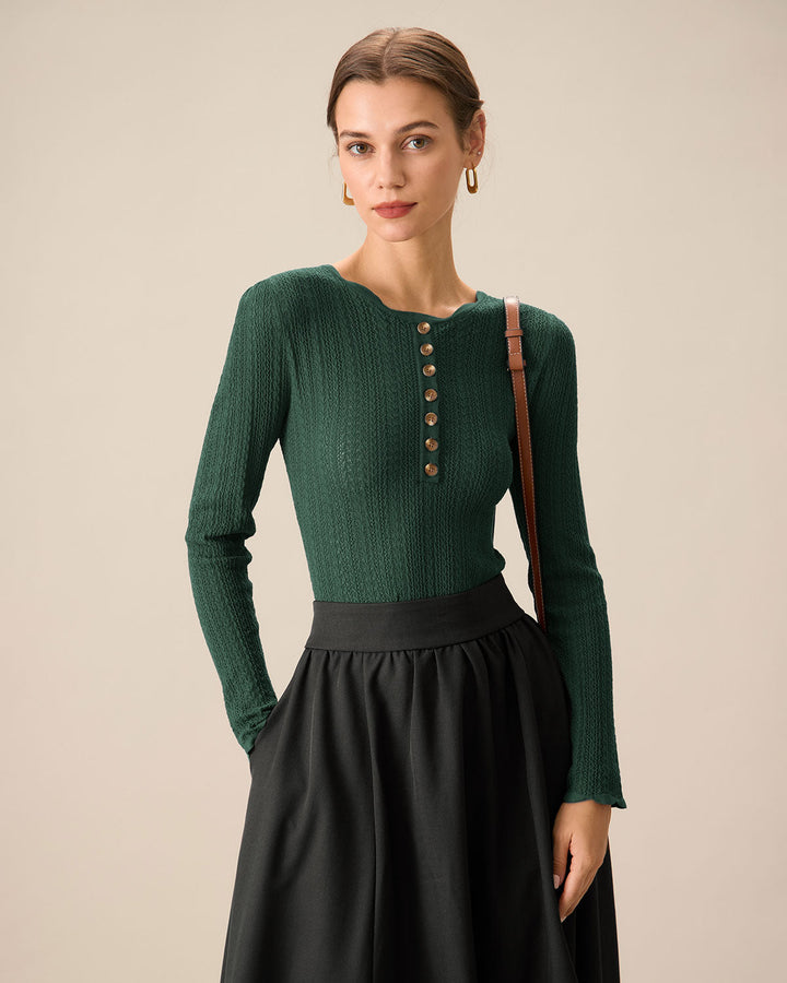 Green Scalloped Slim Sweater