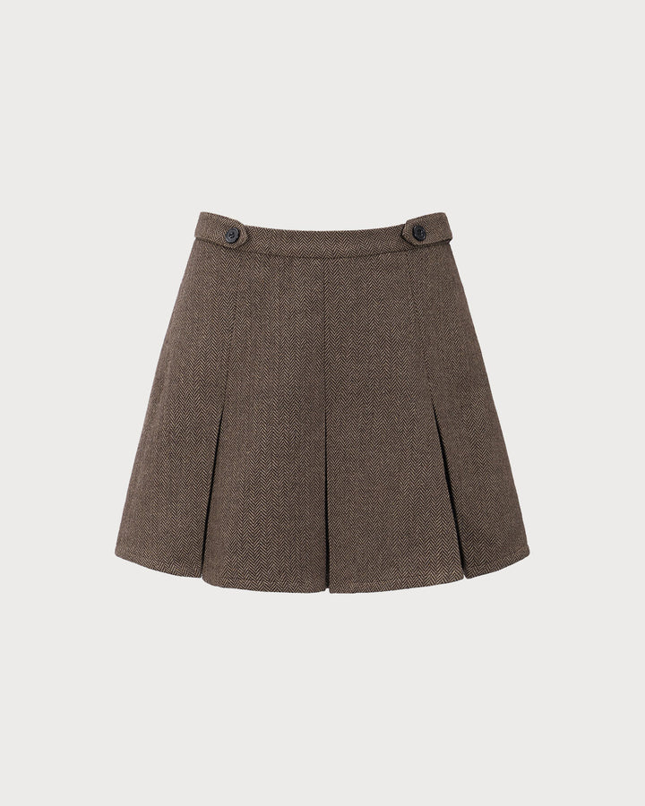 Brown Striped Pleated Mini Skirt
