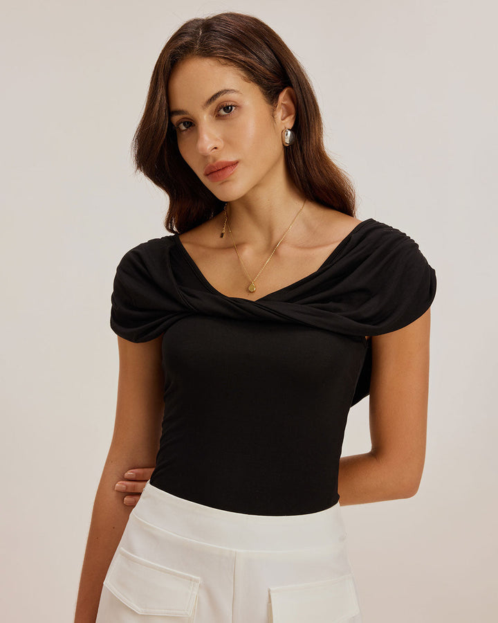 Black U Neck Ruched Tee