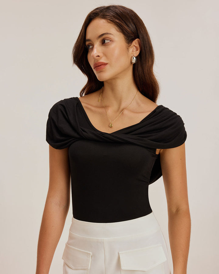 Black U Neck Ruched Tee