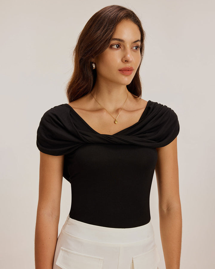 Black U Neck Ruched Tee