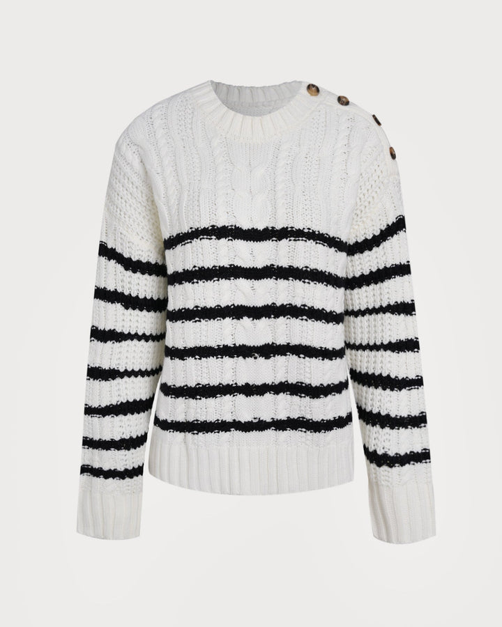 White Striped Button Knit Cardigan
