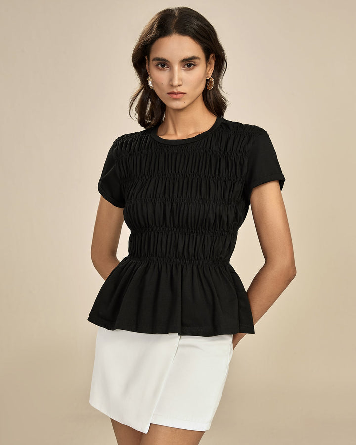 Black Round Neck Shirred Tee