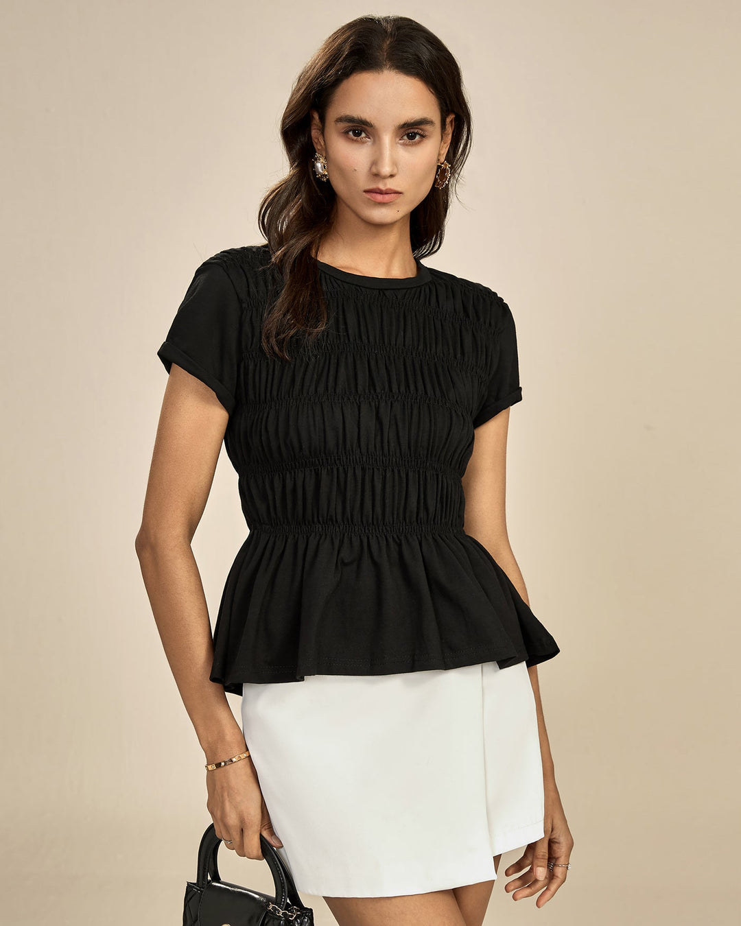 Black Round Neck Shirred Tee