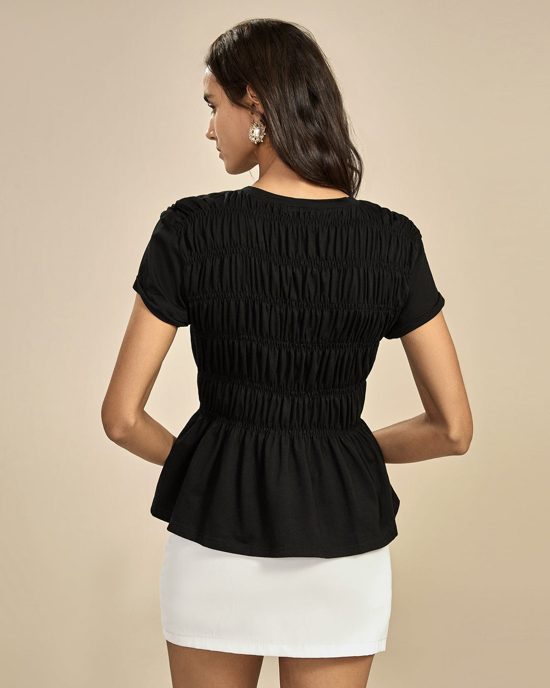 Black Round Neck Shirred Tee