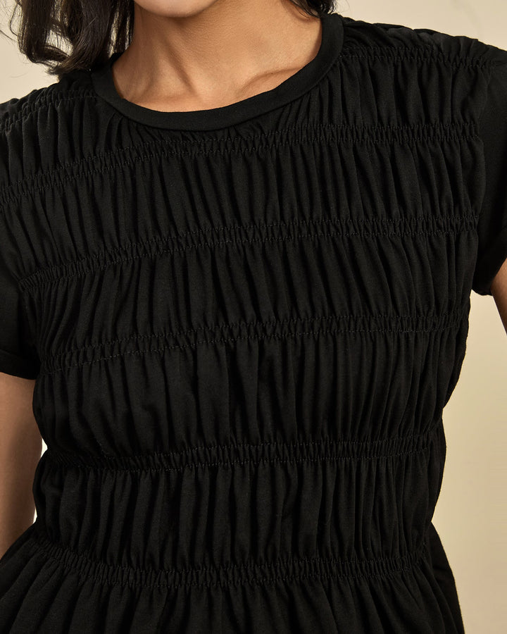 Black Round Neck Shirred Tee