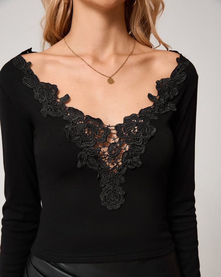 Black Lace V Neck Knit Tee