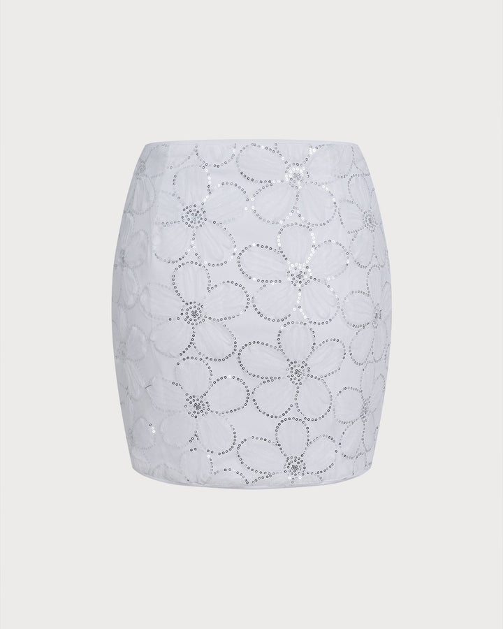 White Floral Sequins Mini Skirt